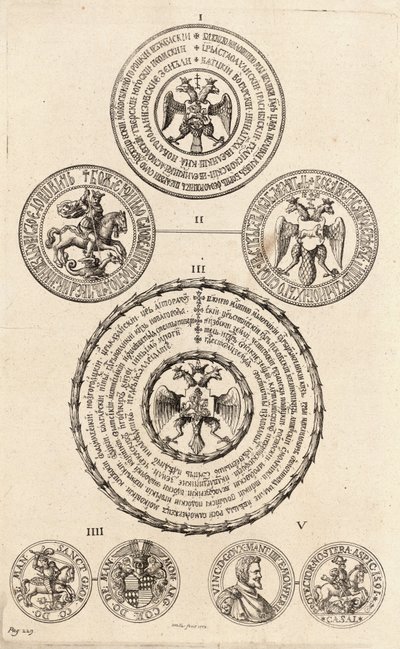 Drei russische Siegel und zwei Medaillen. Zustand 2 von Wenceslaus Hollar